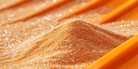 Poster - Close-up of amber-colored granular texture, forming a small hill in an orange container, showcasing a sparkly, glittering appearance, ideal for texture background
