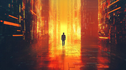 Poster - A person walking through a vibrant cityscape embodying the spirit of urban exploration against a backlit silhouette background.