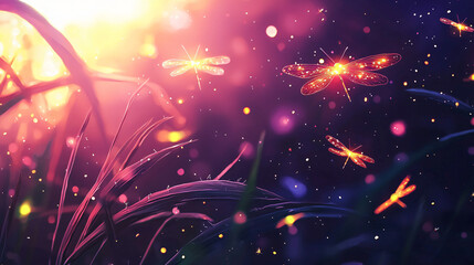Poster - A bunch of fireflies gracefully flying through the air creating a magical and ethereal scene in a dark enchanted environment.
