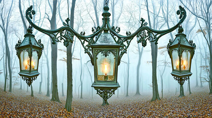 Poster - Enigmatic street light illuminating a foggy forest creating a mystical atmosphere with glowing reflections in the surrounding mist.