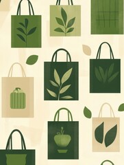 Poster - Modern background showcasing reusable grocery bags and sustainable packaging in green and beige tones for eco-friendly lifestyle Generative AI
