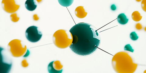 Poster - Abstract image of teal and yellow spheres connected by thin lines against a white background, representing connection, network, or molecular structure