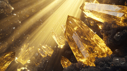 Poster - Beautiful collection of crystals sparkling with golden beams of sunlight streaming through crystal caverns in an artistic natural setting.