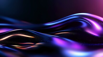 Poster - Abstract flowing waves in dark blue and purple neon colors with glowing golden highlights create dynamic motion effect against black background, suitable for modern design projects.