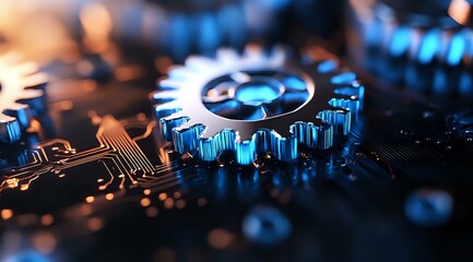 Poster - metallic gear wheel mechanism on circuit board with blue technology lighting effect, close-up view s