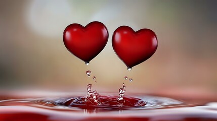 Poster - Red heart-shaped water drops creating splash ripples on liquid surface with bokeh background, romantic macro photography for Valentine's day and love concepts.