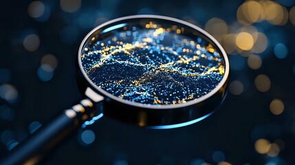 Poster - Magnifying glass revealing sparkling blue and gold particles against dark background with bokeh lights, creating magical scientific exploration atmosphere.