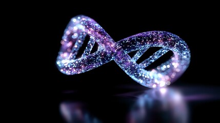 Poster - Glowing DNA helix structure with purple and blue sparkles on dark background, genetic science concept with luminous molecular chain and reflection.