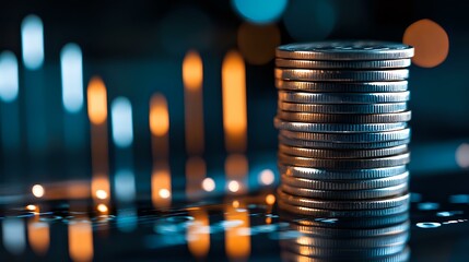 Poster - Stack of silver coins on dark background with glowing bokeh lights and reflections, representing financial growth, investment and wealth management concept.