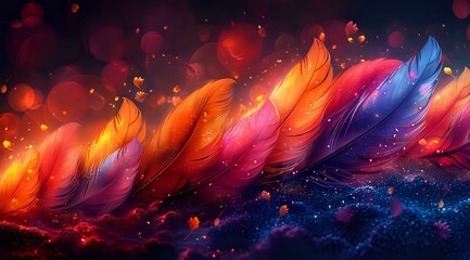 Poster - Vibrant feathers in orange, pink and purple float against dark cosmic background with glowing particles and bokeh effects creating magical atmosphere.