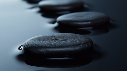 Aufkleber - Smooth black river stones resting on a wet reflective surface under soft lighting create a captivating minimalist nature texture
