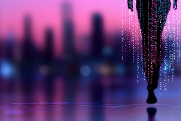 Poster - silhouette walking in rain of digital code against purple city skyline background, reflecting on wet