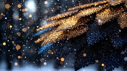 Poster - Magical golden glitter sparkles on dark blue background with bokeh effect and shimmering particles creating ethereal festive atmosphere.