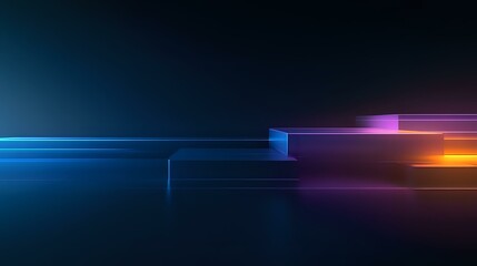 Poster - Futuristic abstract background with glowing neon lines and geometric shapes in blue, purple and orange colors on dark backdrop, modern minimalist design for tech presentations.