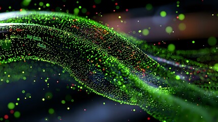 Aufkleber - glowing green particles flow in curved wave formation against dark background, creating dynamic moti