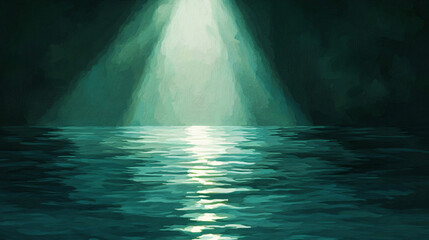 Poster - A bright light shining over the ocean creating beautiful reflections on the water surface during a serene and peaceful evening.
