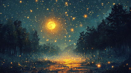 Poster - Enchanting night scene with a full moon casting silvery light on the landscape underneath a starry sky.