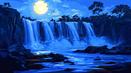 Poster - Serene waterfall cascading down rocks surrounded by lush greenery in a beautiful morning light creating a tranquil scene.