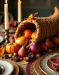 © Gustav - A Warm Thanksgiving Feast, Close-Up of a Traditional Cornucopia, Pumpkins, Pears, and Candles on a Festive Table Setting Creating an Inviting and Abundant Scene