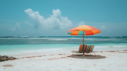 Poster - Relaxing under a bright umbrella on a colorful sun lounger at a tropical beach with gentle ocean waves in the background