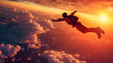 A skydiver freefalling against a dramatic sunset sky, capturing the thrill and beauty of the moment.

