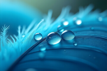 Poster - Captivating close up showcases the intricate beauty of a vibrant blue feather adorned with glistening water droplets, highlighting nature's delicate artistry