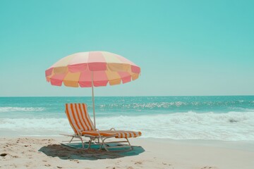 Poster - Colorful beach with striped sun lounger and bright umbrella under a sunny sky