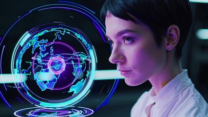 Poster - Female scientist looking at interactive holographic projection of planet earth, working in futuristic laboratory with innovative technology
