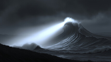 Poster - Striking wave in the ocean illuminated by a spotlight creating a beautiful scene with gentle whispering sounds as it approaches the sandy shore.