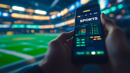 Sports fan watching football match play on stadium and making bets at bookmaker app. Sports betting online concept using smartphone.