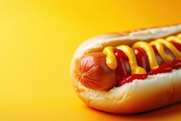 Poster - Classic hot dog with mustard and ketchup on a vibrant yellow background in ultra HD detail