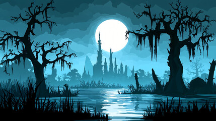 Poster - Majestic swamp under a full moon with soft light reflecting on water surrounded by lush vegetation creating an enchanted atmosphere.