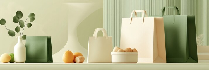 Poster - Modern design featuring reusable grocery bags and eco-friendly packaging in calming green and beige tones Generative AI