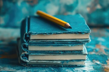 Fototapete - Stack of blue-covered books with a yellow pencil on top, set against a mottled, artistic background, still life.