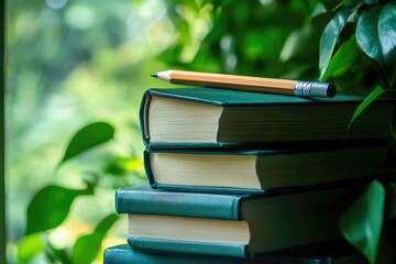 Poster - A stack of green covered books topped with a pencil, surrounded by lush green foliage.