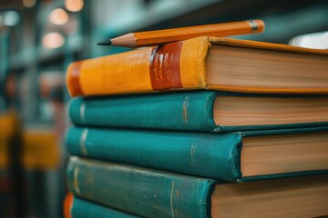Poster - A stack of old, teal and yellow, hardback books is topped with a number 2 pencil, near a library aisle.