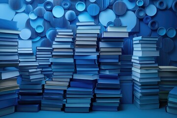 Poster - Stacks of blue-toned books arranged creatively against a matching blue background with circular wall decorations create a calm atmosphere.
