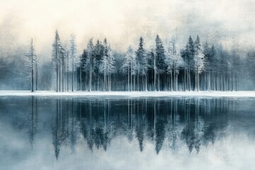 Poster - Serene winter landscape showcasing a forest reflected in calm water with a cool, ethereal aesthetic and misty background.