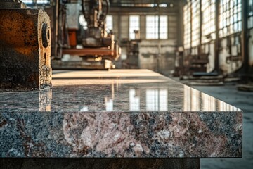 Fototapete - A granite surface reflects light in an old factory, highlighting machinery and industrial atmosphere.
