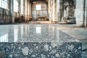 Fototapete - Granite countertop with a blurry industrial background and window light reflecting on surface.