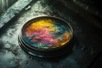 Poster - A circular container holds a vibrant blend of yellow, blue, and pink, set on a rough, industrial surface.
