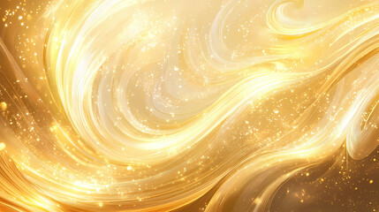 Wall Mural - Glowing golden waves with shimmering particles in an abstract background for creative designs. Wispy Brilliance. Illustration