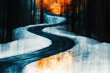 Poster - A winding asphalt road cuts through a snow-covered landscape, bordered by dark trees and a warm-toned sky visible in the distance.