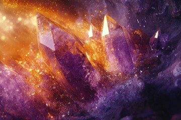 Poster - An image features a collection of amethyst crystals, illuminated with an ethereal golden glow.