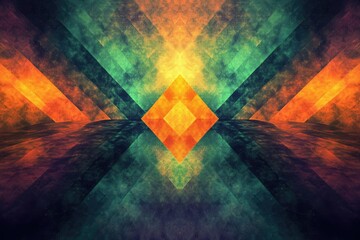 Aufkleber - A vibrant abstract background with geometric shapes, radiating light, and textures in orange, green, and dark hues, creating a sense of depth.