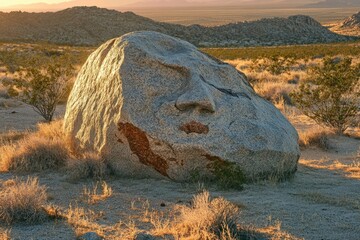 Aufkleber - A large boulder with a human-like face sits nestled in a desert landscape during a warm sunset.
