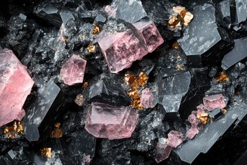 Poster - A stunning macro shot reveals pink rhodochrosite crystals amidst a matrix of contrasting dark minerals and small golden flecks.