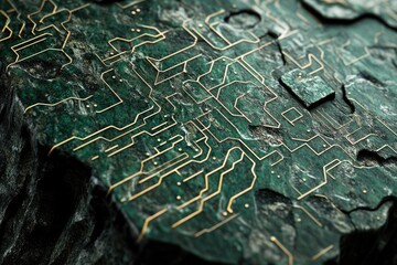 Poster - Abstract view of circuit board elements etched into dark green stone or rock, golden lines forming complex patterns.