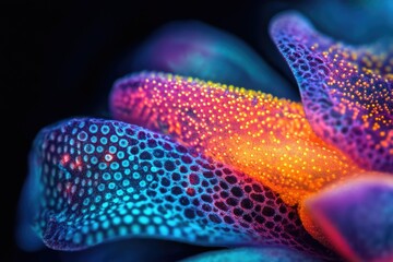 Poster - Macro shot of vibrant coral with blue, orange, and pink hues, showcasing intricate cellular patterns and bioluminescent dots.