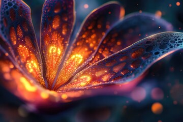 Poster - A fantastical, otherworldly flower with glowing orange veins and a dark blue, cellular-like texture, radiating warmth and mystery on blur backdrop.